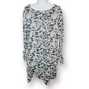 Ann Taylor Loft Floral Knit Shift Dress Tie Cuff Grey Cream M P